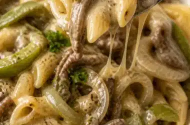 Philly Cheese Steak Pasta mit saftigem Fleisch und reichhaltiger Soße
