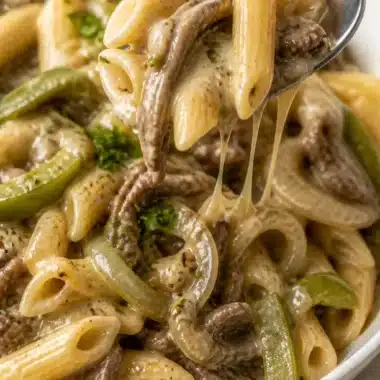 Philly Cheese Steak Pasta mit saftigem Fleisch und reichhaltiger Soße
