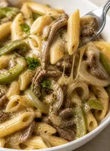 Philly Cheese Steak Pasta mit saftigem Fleisch und reichhaltiger Soße