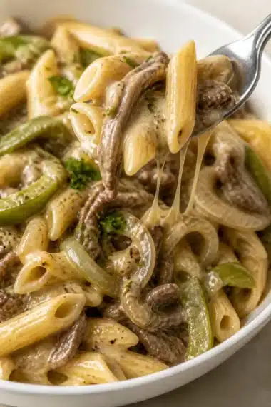 Philly Cheese Steak Pasta mit saftigem Fleisch und reichhaltiger Soße