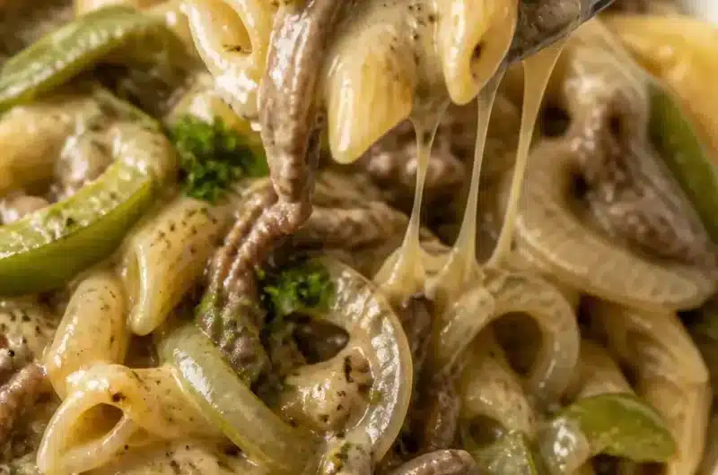 Philly Cheese Steak Pasta mit saftigem Fleisch und reichhaltiger Soße