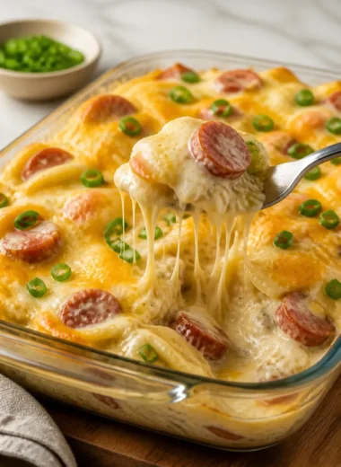 Hausgemachte Pierogi Casserole mit Käse und Kartoffeln, perfekt für ein Familienessen.