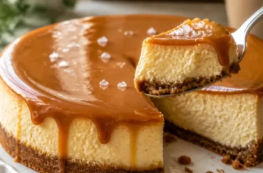 Ein verführerisches Stück Salz-Karamell-Cheesecake auf einem Teller.