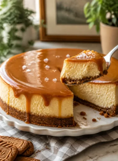 Ein verführerisches Stück Salz-Karamell-Cheesecake auf einem Teller.
