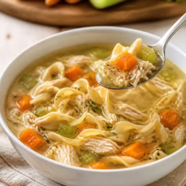 Schüssel mit schneller und einfacher Hühnernudelsuppe, frisch zubereitet.
