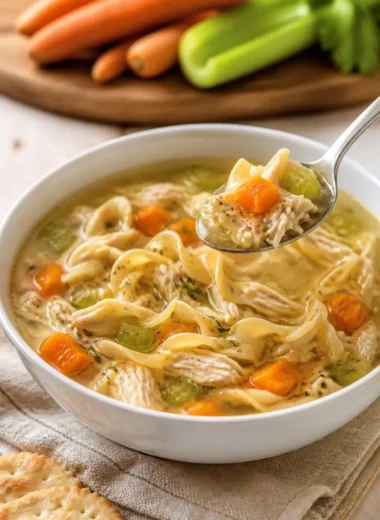 Schüssel mit schneller und einfacher Hühnernudelsuppe, frisch zubereitet.