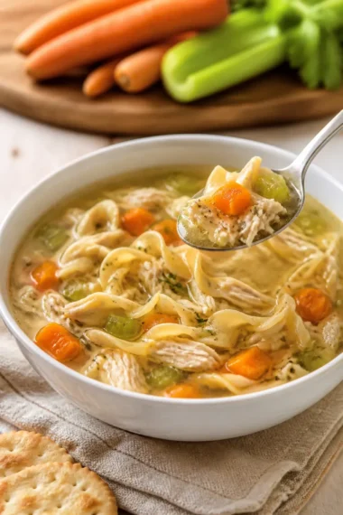 Schüssel mit schneller und einfacher Hühnernudelsuppe, frisch zubereitet.