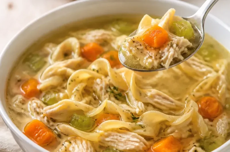 Schüssel mit schneller und einfacher Hühnernudelsuppe, frisch zubereitet.