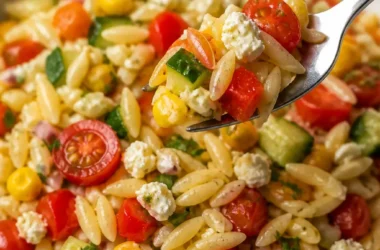 Sommer Orzo Pasta Salat mit frischem Gemüse und Kräutern.