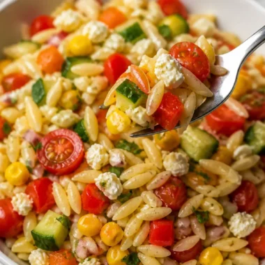 Sommer Orzo Pasta Salat mit frischem Gemüse und Kräutern.