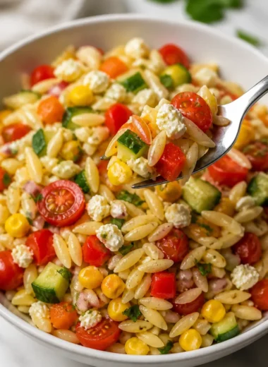 Sommer Orzo Pasta Salat mit frischem Gemüse und Kräutern.