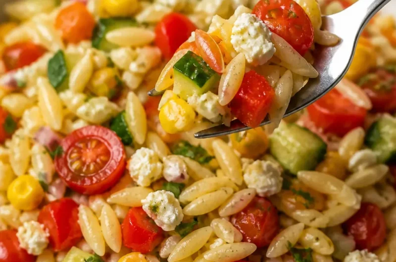 Sommer Orzo Pasta Salat mit frischem Gemüse und Kräutern.