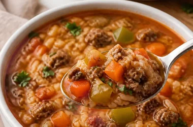 Schale mit gefüllter Paprika Suppe, die reichhaltig und herzhaft aussieht.