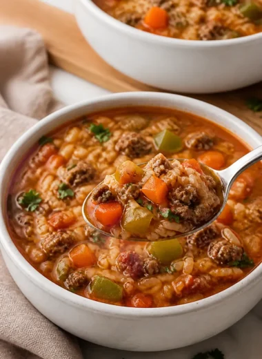 Schale mit gefüllter Paprika Suppe, die reichhaltig und herzhaft aussieht.