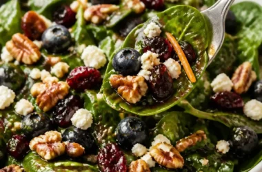 Blaubeer-Spinat-Salat mit Honig-Balsamico-Dressing in einer Schüssel