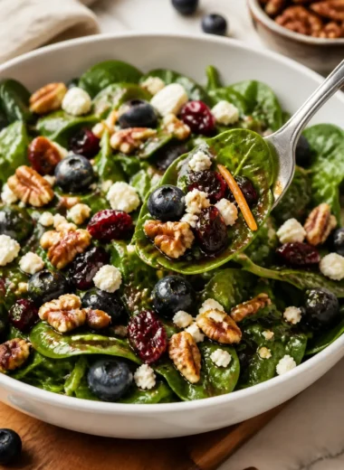 Blaubeer-Spinat-Salat mit Honig-Balsamico-Dressing in einer Schüssel