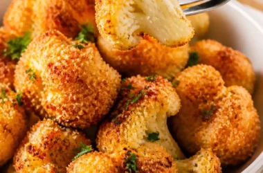 Knusprige Parmesan Blumenkohlbissen auf einem Teller serviert.