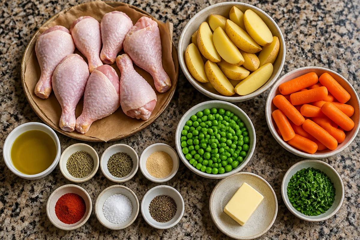 Herb Roasted Chicken Drumsticks with Potato Wedges, Peas & Carrots