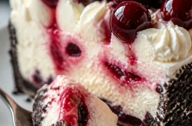 Kirsch-Ripple-Cheesecake mit fruchtigem Rippenmuster und Sahne-Topping