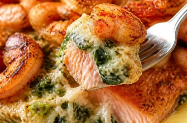 Krabben- und garnelengespickter Lachs auf einem Teller mit frischen Kräutern