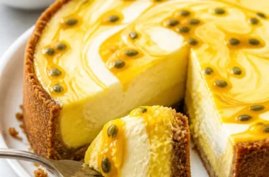 Passionfruit curd ripple cheesecake auf einem weißen Teller