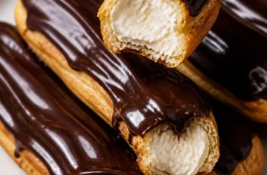 Leckere Schokoladen-Eclairs auf einem Teller angerichtet