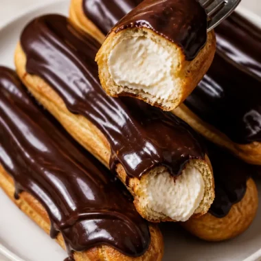 Leckere Schokoladen-Eclairs auf einem Teller angerichtet