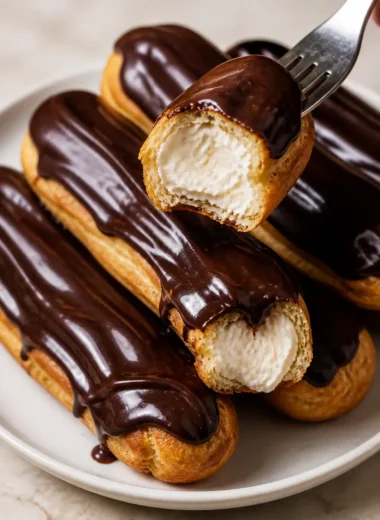 Leckere Schokoladen-Eclairs auf einem Teller angerichtet