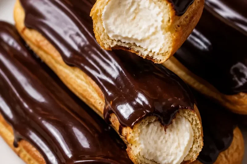 Leckere Schokoladen-Eclairs auf einem Teller angerichtet