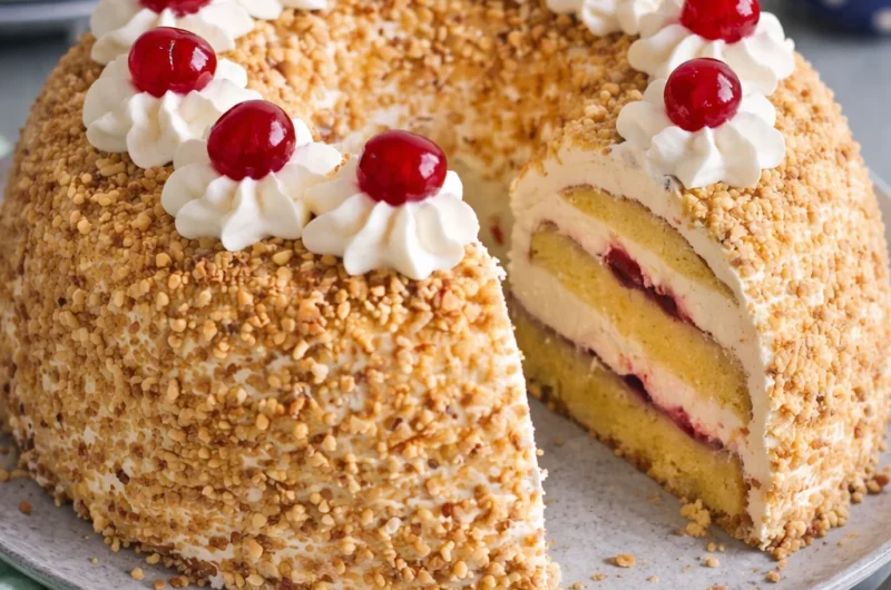 Slice of Frankfurter Kranz, a German Crown Cake filled with buttercream and jam.