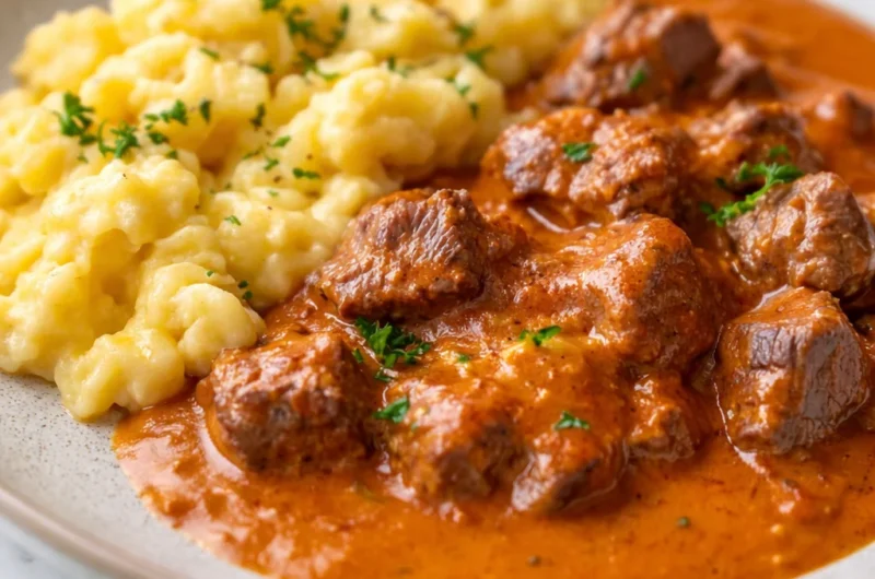 Delicious Traditional Rahmgulasch Recipe featuring creamy German goulash with tender beef.