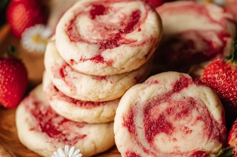 Strawberry cheesecake cookies on a plate with fresh strawberries.