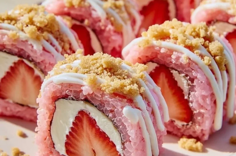 Delicious strawberry shortcake cheesecake sushi rolls on a plate