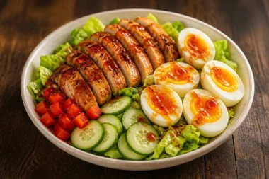 Citrus-Glazed Chicken Salad Bowl topped with fresh ingredients and vibrant colors.