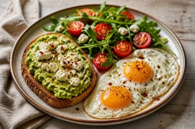 Creamy avocado and eggs breakfast plate topped with herbs