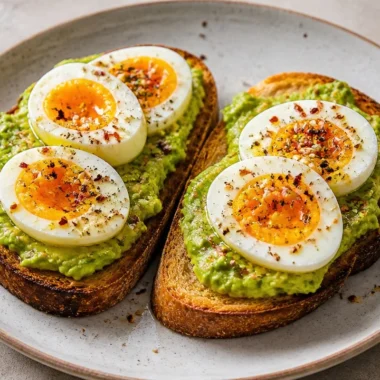 Creamy Avocado Egg Toast 36 Creamy avocado egg toast topped with a perfectly poached egg on whole grain bread.