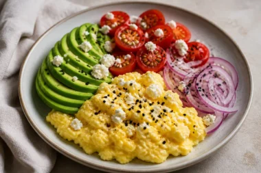 Creamy avocado scrambled eggs on a plate with fresh herbs and spices