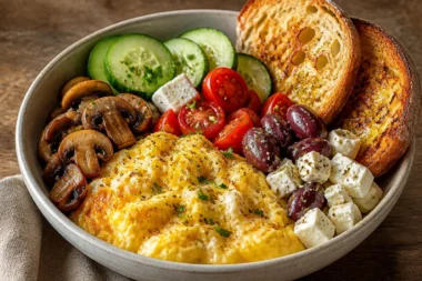 Creamy omelette breakfast bowl with colorful vegetables and herbs