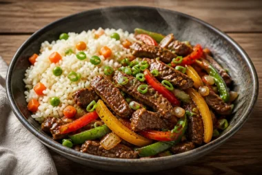 Crispy beef veggie stir-fry rice bowl with colorful vegetables