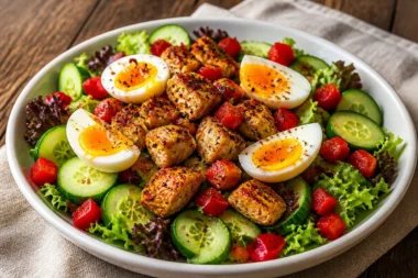 Crispy Chicken Power Salad topped with jammy eggs and fresh vegetables