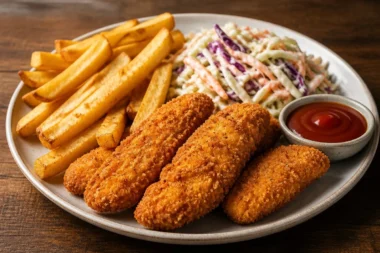 Crispy chicken tenders plated with dipping sauce and sides