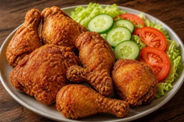 Plate of crispy fried chicken served with a vibrant salad