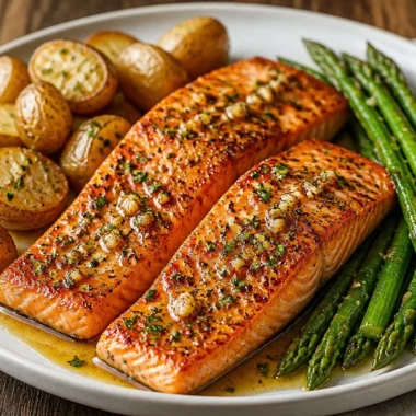 Crispy Garlic Butter Salmon 35 Crispy garlic butter salmon garnished with herbs on a white plate