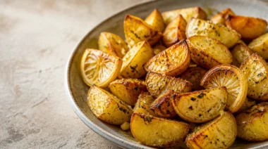 Crispy Greek-Style Lemon Potatoes garnished with garlic and oregano