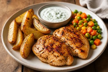 Crispy herb-grilled chicken with golden potato wedges garnished with herbs