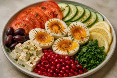 Crispy Mediterranean Egg Veggie Plate with vibrant vegetables and cooked eggs