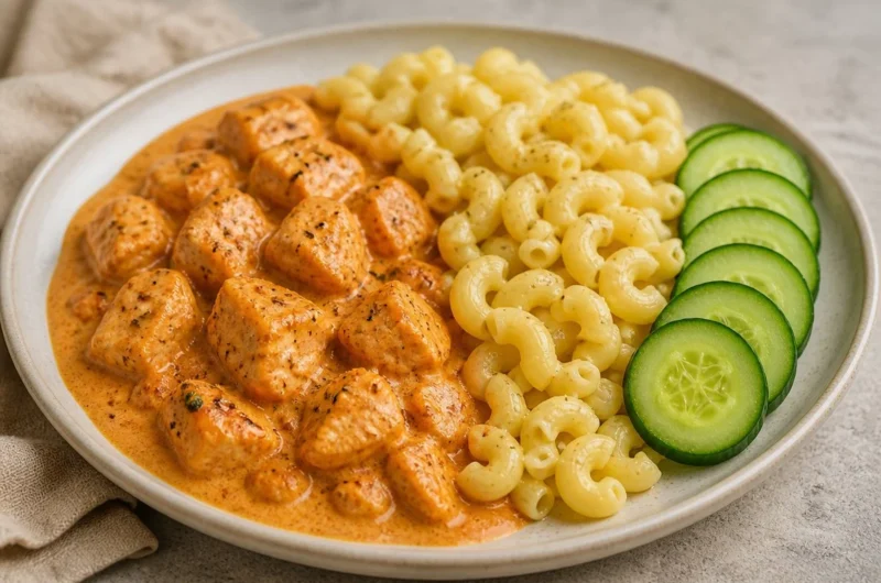 Cucumber Bites topped with creamy chicken pasta in a fresh, healthy dish.