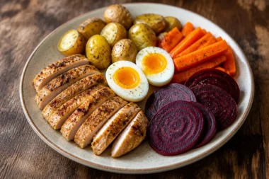 Golden Chicken Veggie Plate with fresh vegetables and seasoned chicken