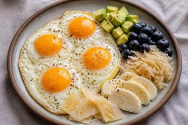 Golden Eggs served on an Avocado Power Plate for a nutritious meal.
