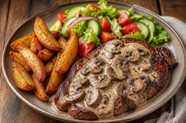 Delicious golden mushroom steak served on a plate with fresh vegetables